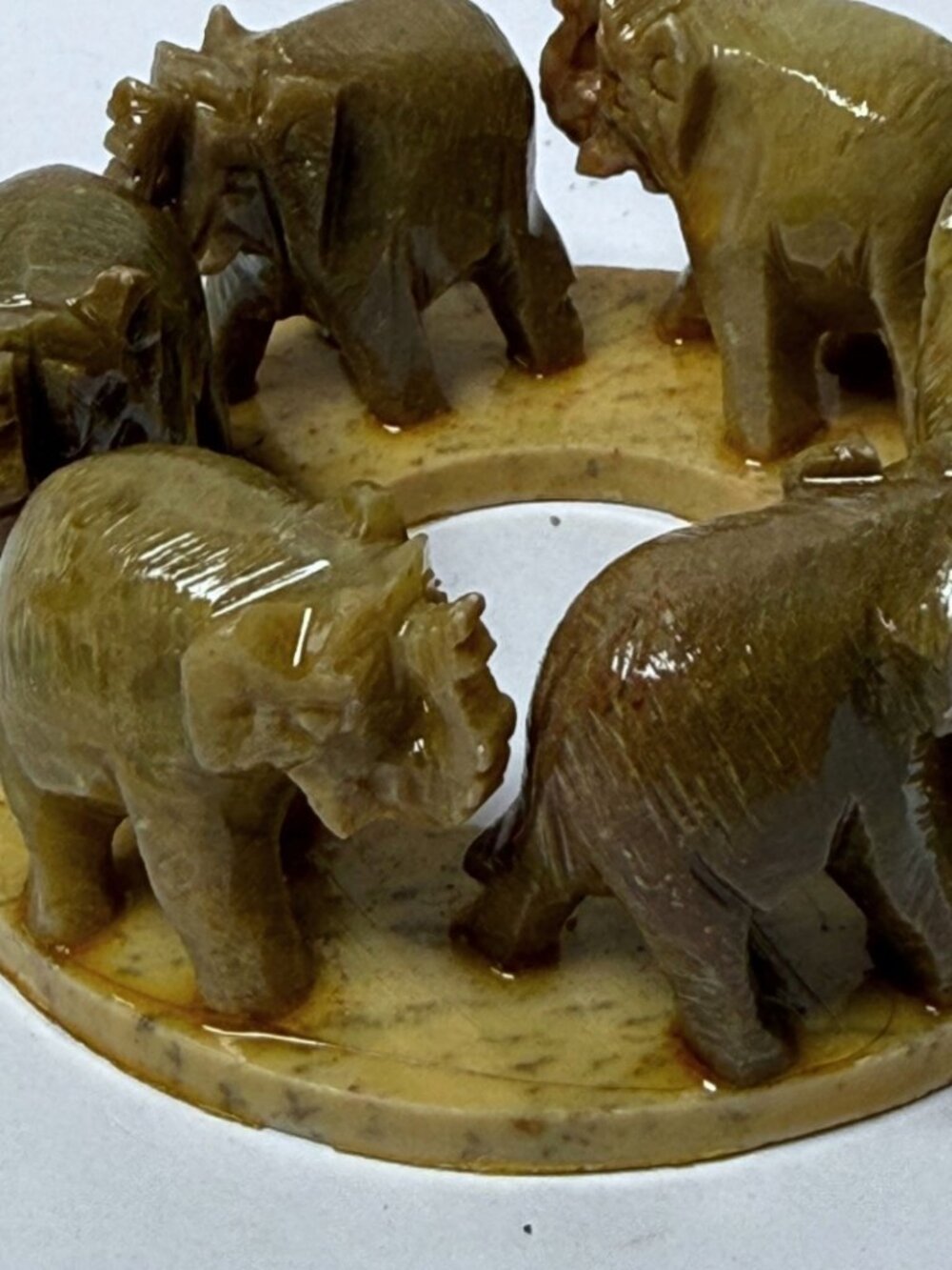 Hand Carved Soapstone Circle of Elephants Sculpture Tealight Candle Holder Boho